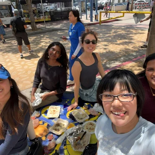 lab lunch of summer 2026. pictured are bar, grace, karol, barathi, and navya